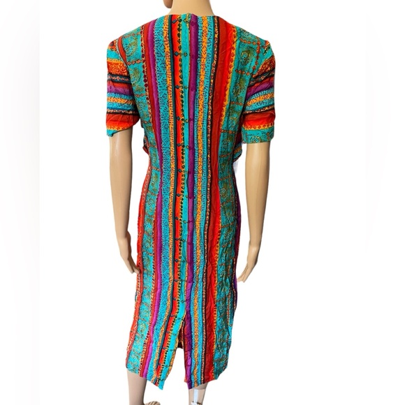 W2 Vintage 80s Bright Eclectic Hippie Funky Southwestern Striped Maxi Dress - Picture 5 of 6